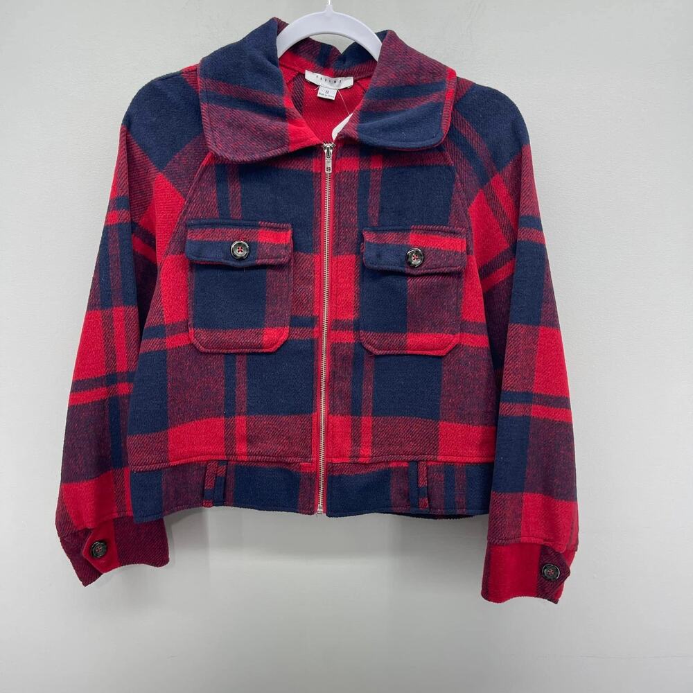 FavLux Fleece Jacket Womens Small Red Blue Plaid Waist Length Shacket Full‎ Zip